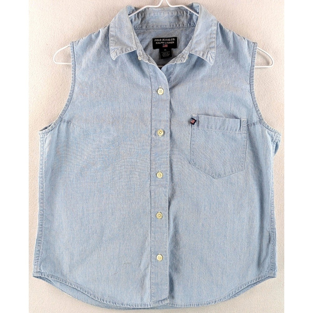 Polo Jeans Co Ralph Lauren Women M Blue Denim Sleeveless Shirt Vintage Hong Kong